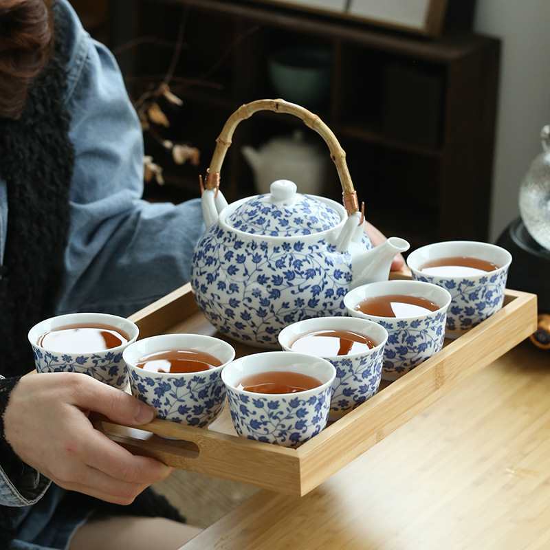 批发青花瓷提梁壶茶具套装大容量茶壶1000ml带滤网泡茶壶整套茶杯