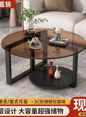 圆形璃茶几厅家用玻轻客奢现代简GIO大小约户型黑色茶桌玻璃意式