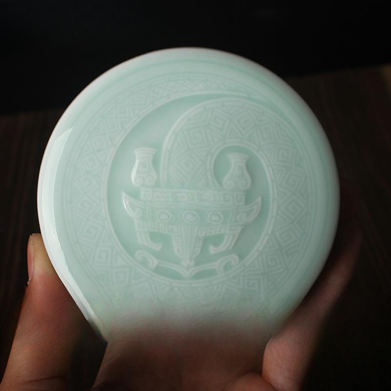 龙印泥青瓷雕刻纹饰盒朱砂印泥盒龙纹刻陶瓷796缸蟠文房印章书画