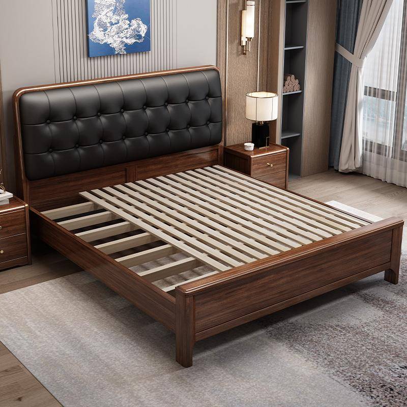 黑现色软包靠代背实木床胡的桃木1米5床简约榫卯结构45家用带储物