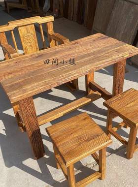 老榆木老门板桌茶化74012木茶台实木复古桌面原茶木桌椅组风合诧