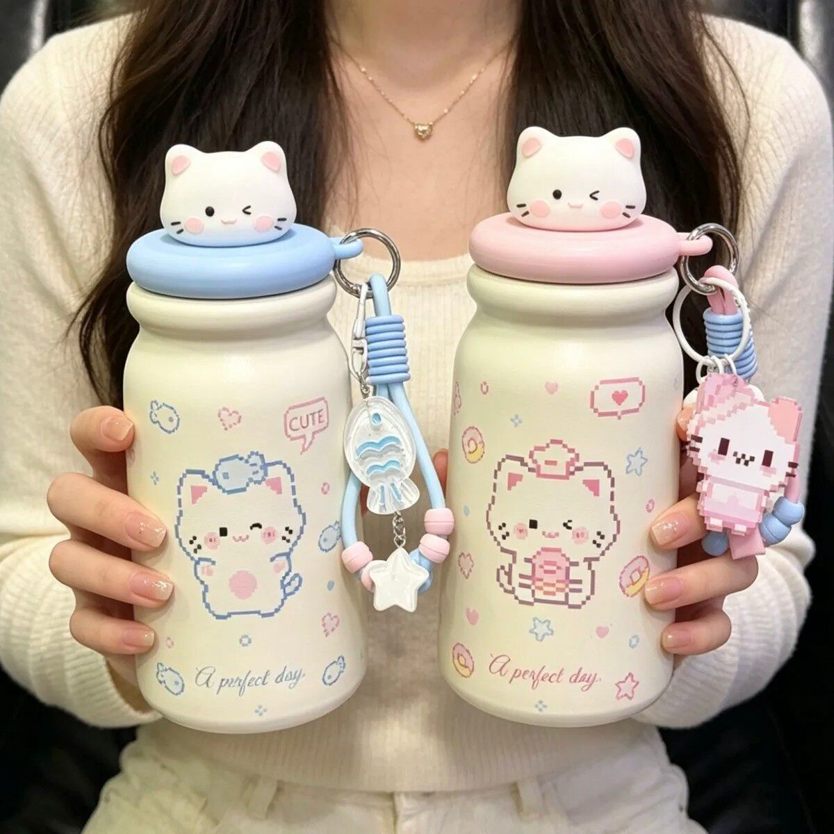 拼豆风小猫陶瓷保温杯女生高颜值水杯学生茶水分离吸管杯子大容量