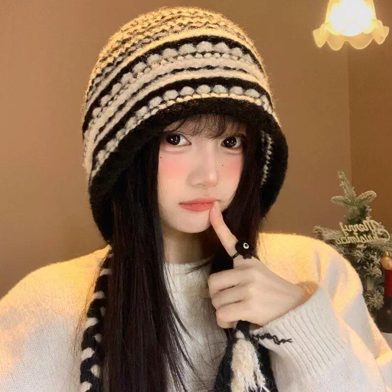 复古条纹针织护耳帽女秋冬保暖防寒包头帽子显脸小显头小针织帽子