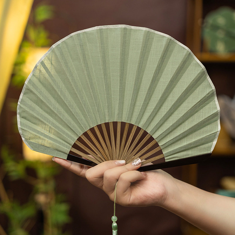 可爱贝壳扇复古纯色棉麻布折叠小