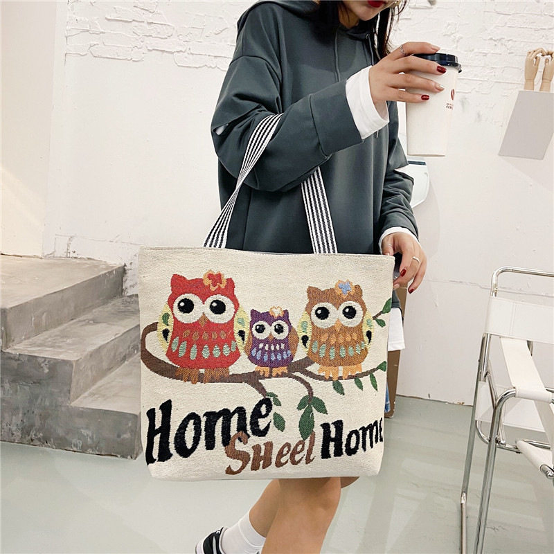 跨境外贸新款卡通绣花休闲托特大包手提包猫头鹰刺绣包妈咪购物袋,箱包皮具/热销女包/男包,通用款女包,淘宝优惠券,粉丝福利购,淘宝优惠卷