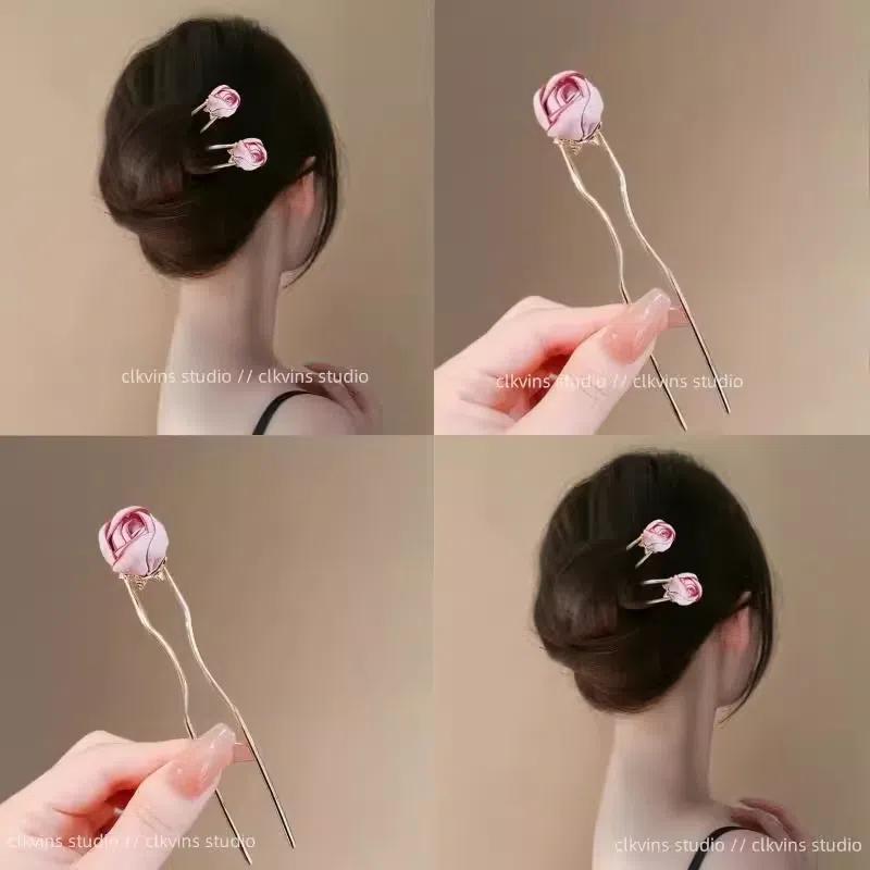 绮丽花颂~高级感新中式玫瑰花发钗女汉服发簪气质U型盘发簪子