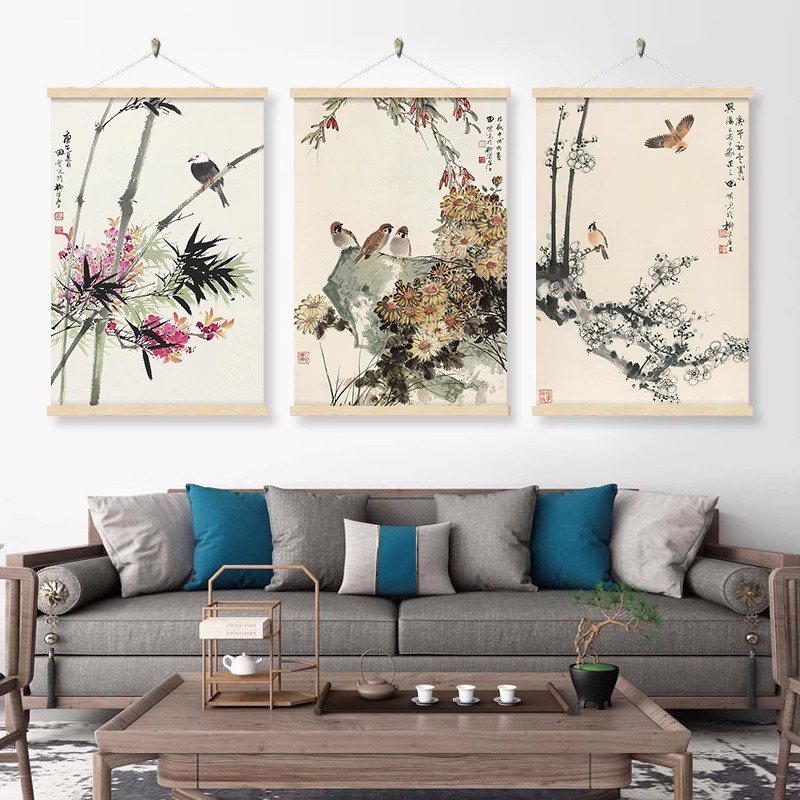喜鹊挂画梅花国画红梅报春图报喜水墨装饰画新中式客厅餐厅挂布画