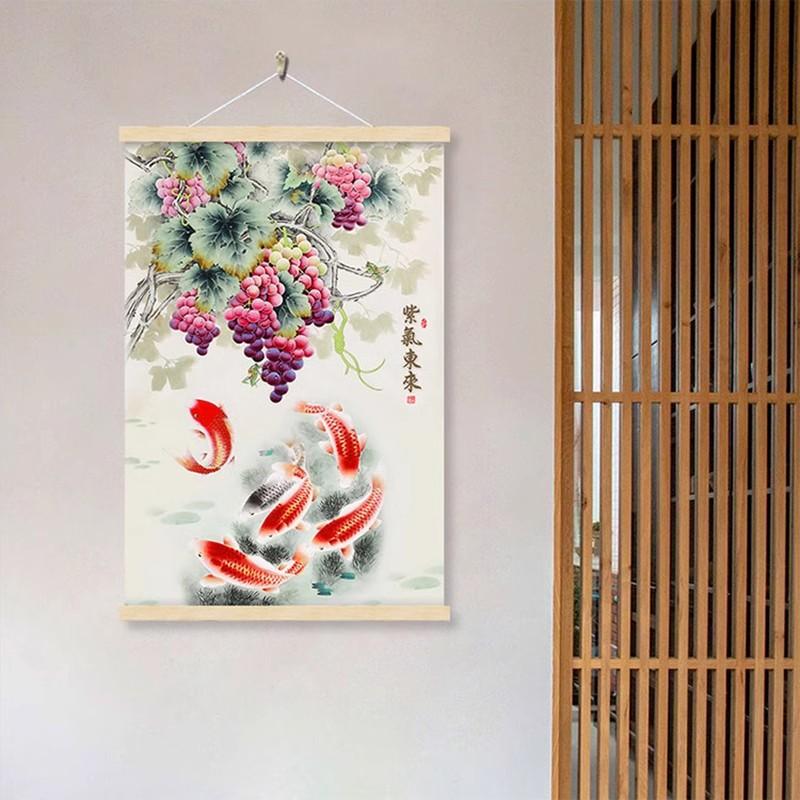 紫气东来玄关挂画新中式入户电表箱装饰画餐厅布艺壁画鲤鱼挂布画图片