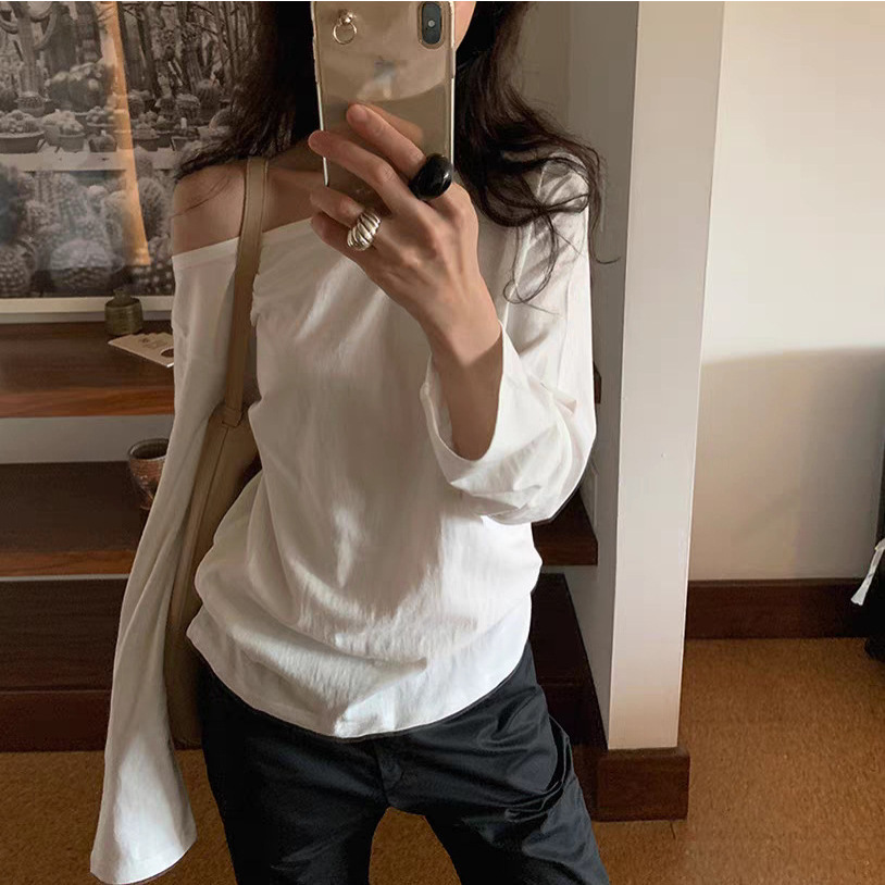现货2025秋季新款韩国De*rest宽松纯色显瘦斜肩长袖T恤上衣