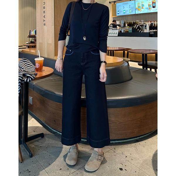 2025秋季新款高腰墨蓝色四面弹九