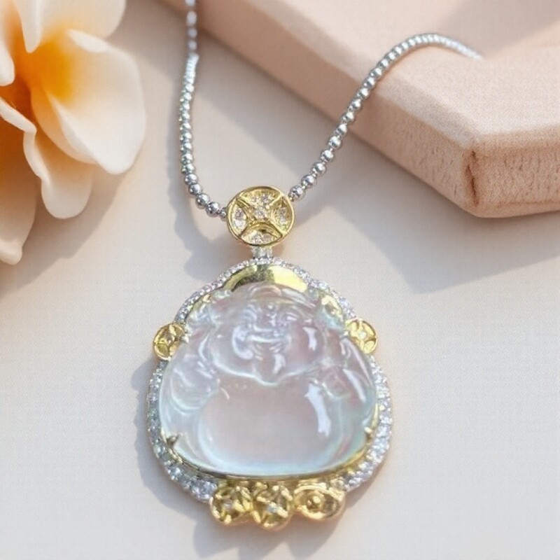 天然缅甸A货翡翠高冰财神爷吊坠18k金真金真钻豪镶高级珠宝玉坠