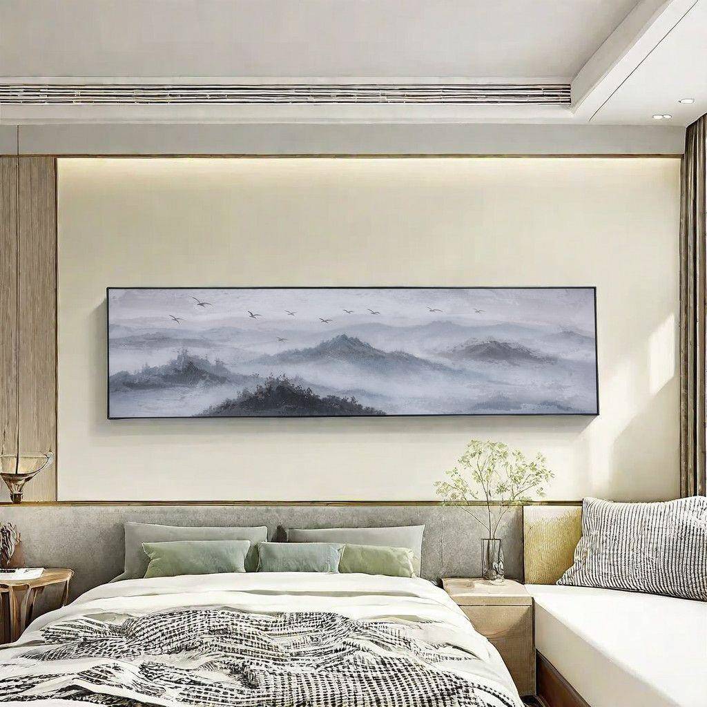 新中式床头画客油厅装饰画现代抽山水条长条酒店卧象室床头挂POY图片