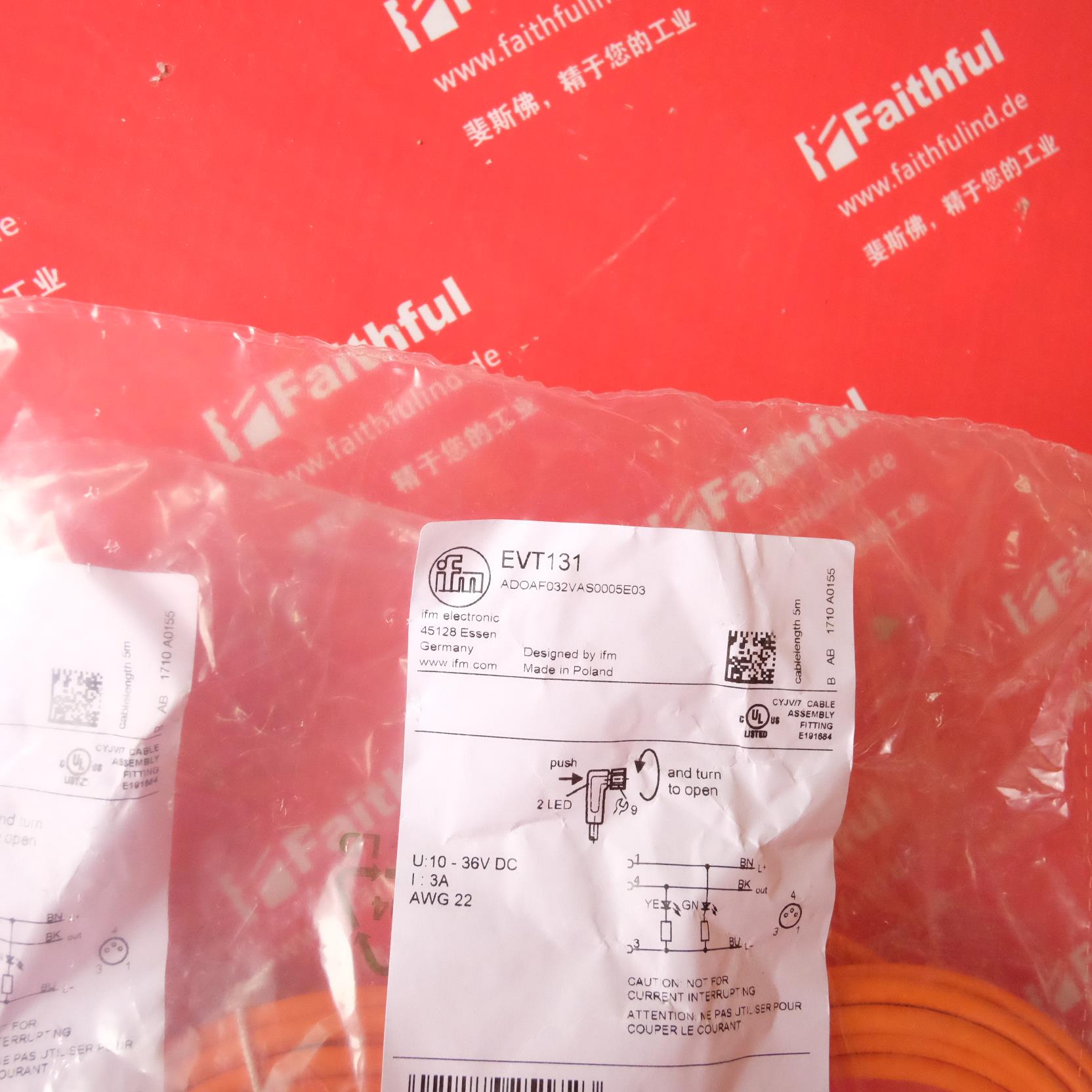 IFM EVT131 易福门全新连接线 ADOAF032VAS0005E03 M8 3芯 5米议