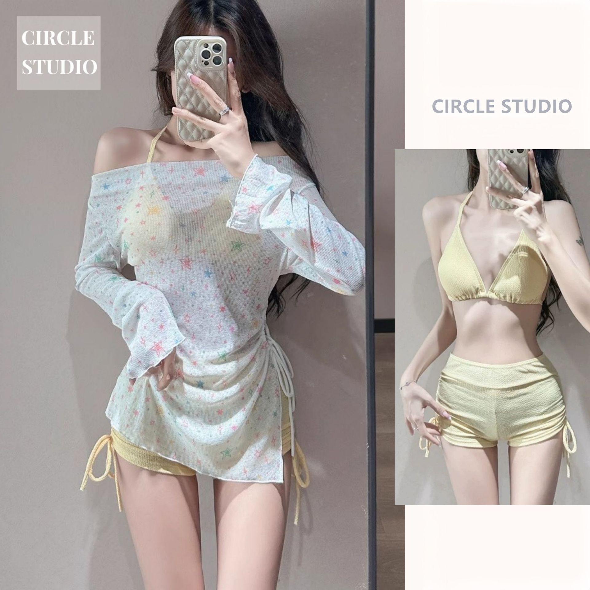 2025新款分体泳衣女士比基尼三件套罩衫长袖防晒海边度假温泉纯欲