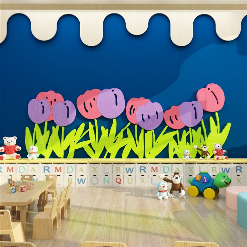 幼儿园花朵主题文化墙面装饰环境材料布置踢脚线走廊过道亚克力贴