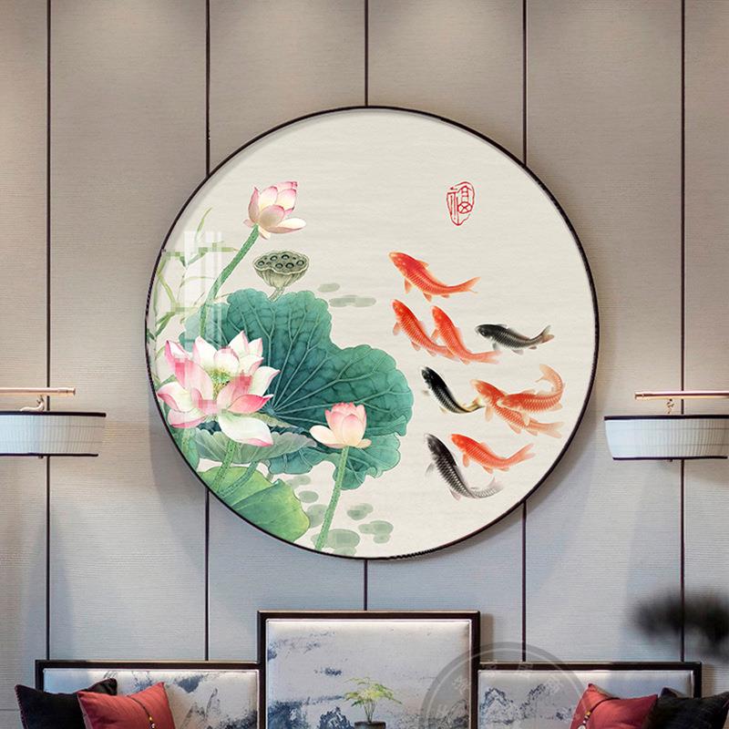 新中式莲花荷花鱼图圆形画9尾鲤鱼入户玄关装饰画客厅晶瓷挂画图片