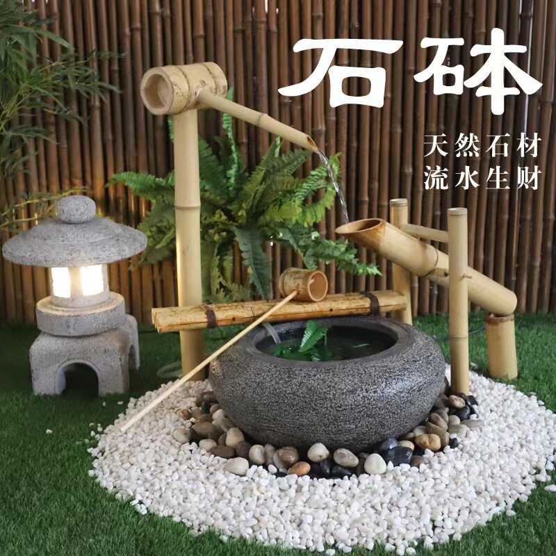 禅意日式枯山水 景观庭院流水石钵造景石盆 民宿别墅石槽水景水钵