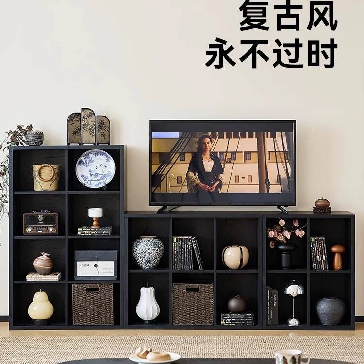 实木黑色四格柜卡莱克格子柜沙发边柜书架落地一体靠墙客厅置物架
