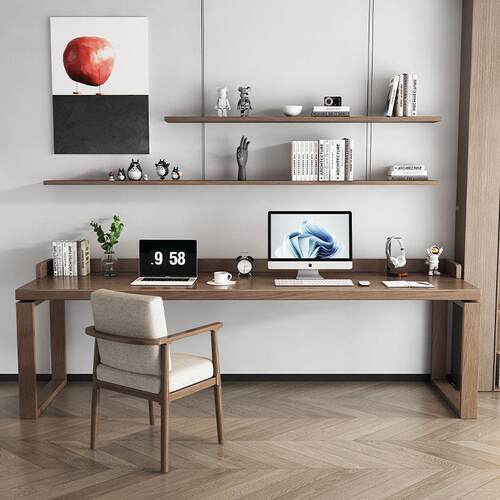 实木长条双人书桌家用靠墙儿童学习脑学桌卧室办TIZ公写字台生电