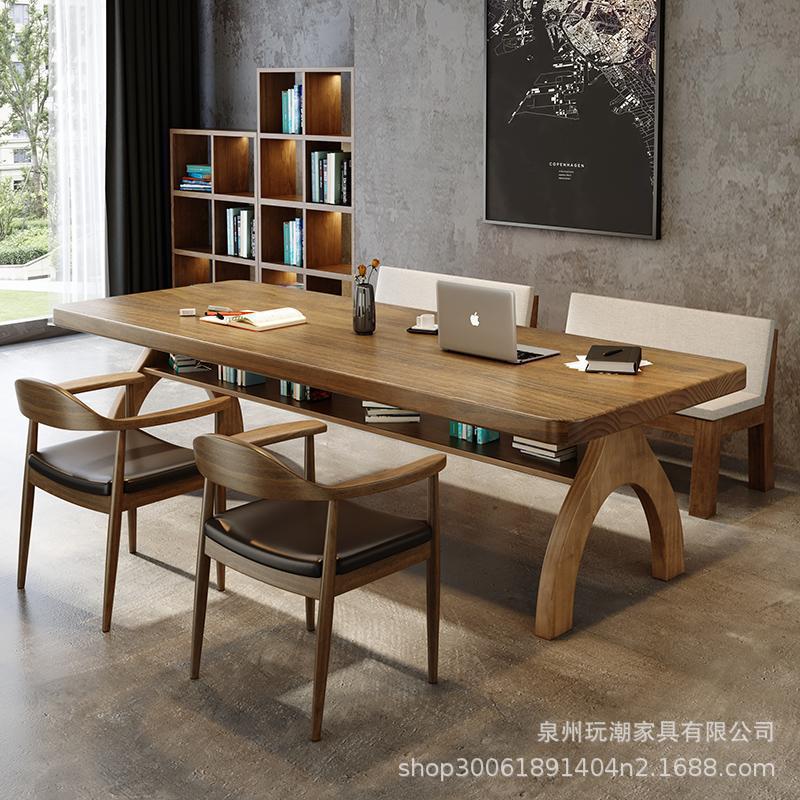 复古实木双层带隔板书桌办公学习工作台写字桌会议室员工长条桌子