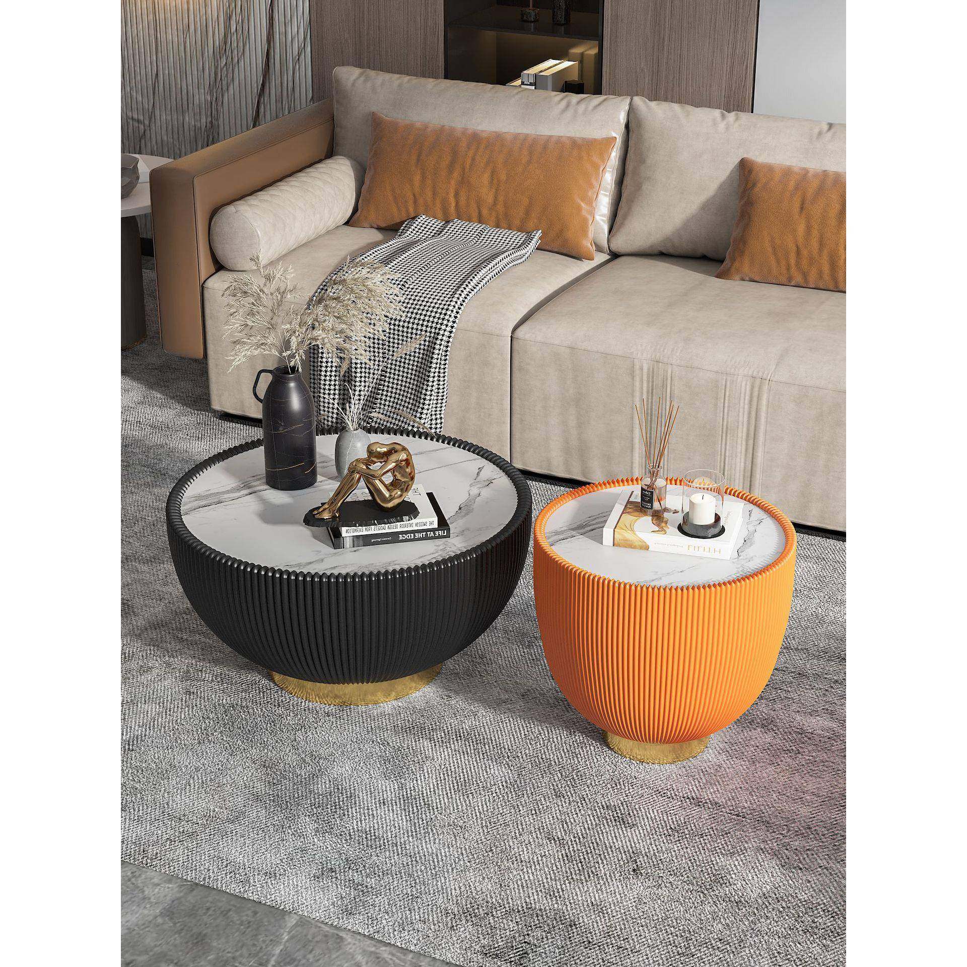 岩板圆形用家阳奢设计师无品牌/客厅轻小圆桌台皮革酒店圆茶几边