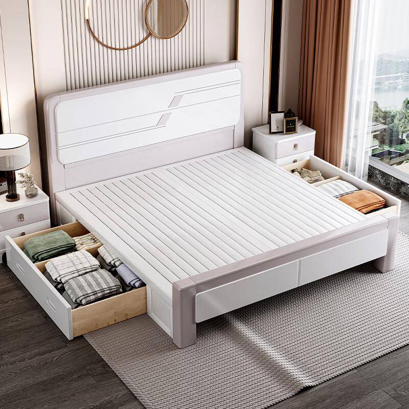 现代简约中式实木双床.8米人床1.5米经济白色高箱型1储物主卧3302