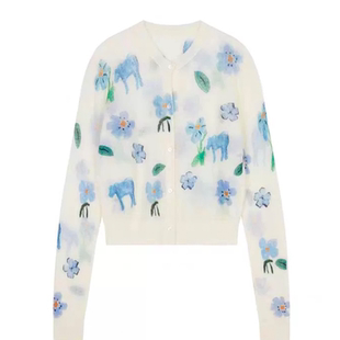 甜美风花朵印花针织开衫 百搭宽松微透上衣0479 女白色圆领长袖