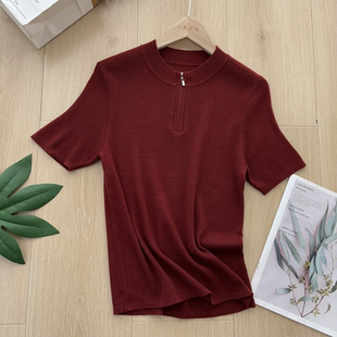 显瘦上衣0461 女红色百搭修身 极简风圆领套头短袖 针织衫