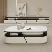 洞石岩板轻奢茶几电视柜组合简约现代小户型茶几客厅家用大理石