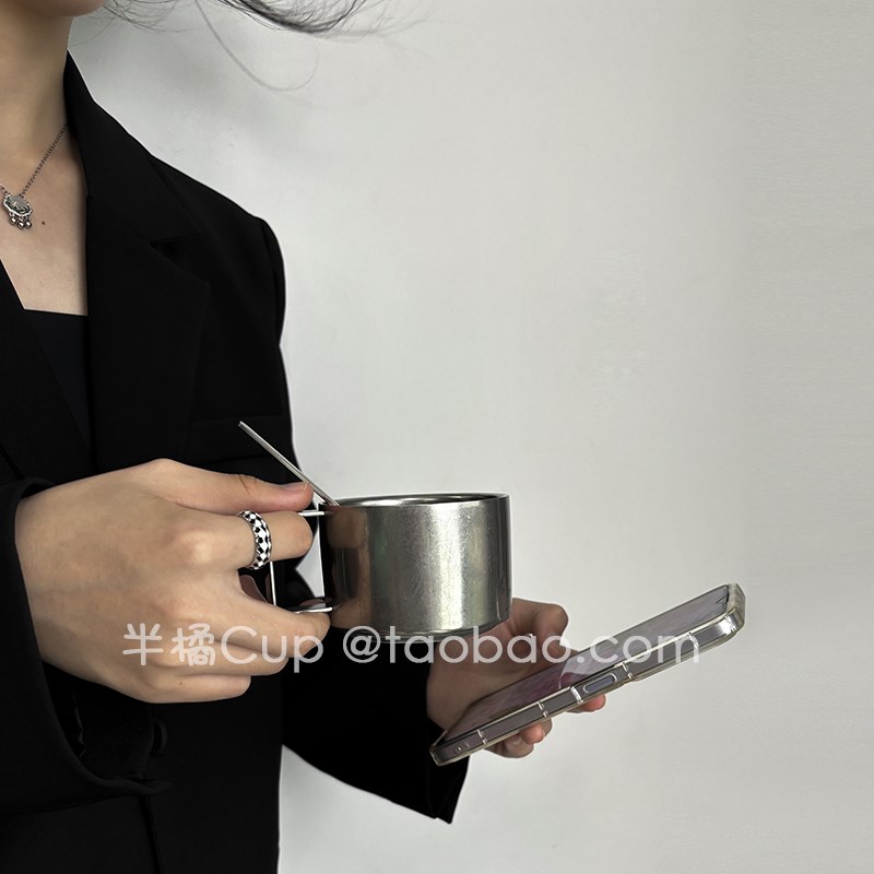 半橘Cup 小众ins风r复古咖啡杯碟套装冰美式拿铁杯不锈钢马克杯