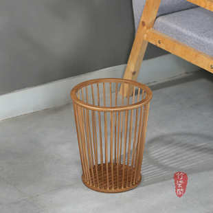 竹柒阁中式圆形楠竹垃圾桶废纸篓镂空脏衣篮家用衣物收纳篓洗衣篮