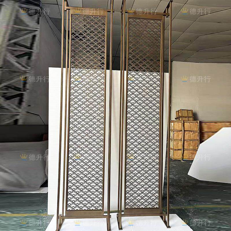 酒店鱼鳞不锈钢屏风 装饰祥云金属花格 新中式镂空隔断背景墙