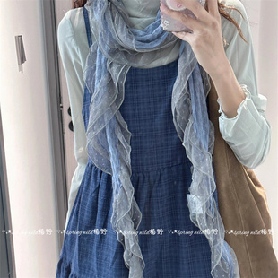 藤井树同款古早文艺灰蓝色波点蕾丝边丝巾木耳边长款围脖复古围巾