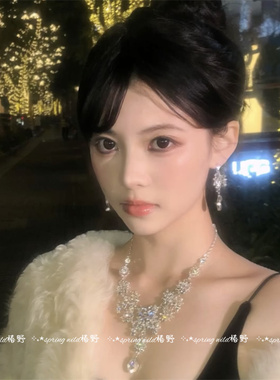 法式超闪满钻水滴花朵项链耳环