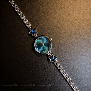 Vintage古着蓝色星河镶钻手表轻奢高级感可调节腕表气质小众女表