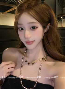 千金感复古双层虎眼石珍珠项链