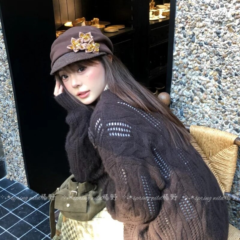 复古山本风针织褶皱花朵马术帽