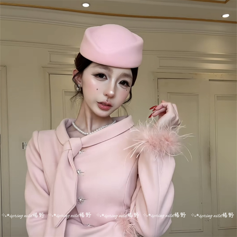赫本风优雅粉色平顶小礼帽女法式辣妹时髦贝雷帽高级感制服空姐帽