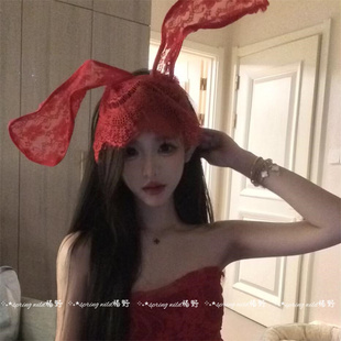 纯欲氛围感可爱性感红色蕾丝兔耳发箍网红拍照头箍女复古面纱头饰