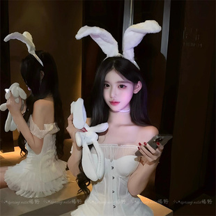 纯欲氛围白色兔耳朵发箍可爱性感兔女郎仿真兽耳头箍拍照cos发饰