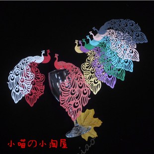 60张 彩色孔雀个性红酒杯装y饰卡派对名字卡婚礼座位卡餐桌席位卡