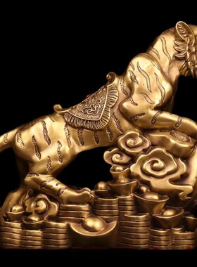 纯铜老虎摆件客厅办公室虎t年生肖虎啸山河铜金钱上山虎工艺品大