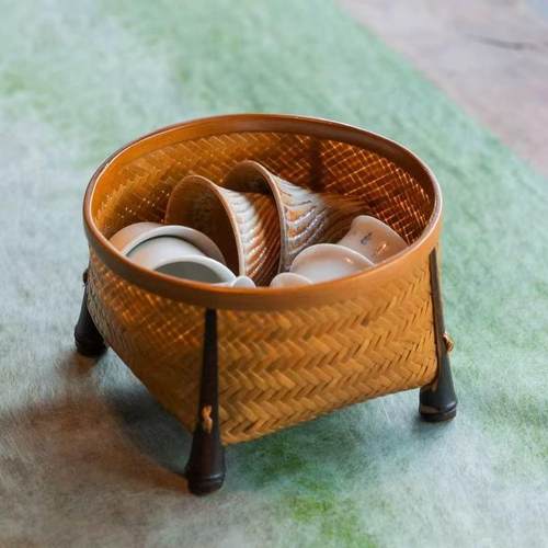 邱师傅竹木LZ041手工竹编茶具收纳筐果篮托 托盘果篓紫竹脚茶篓收