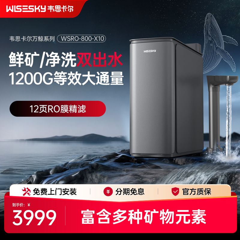 韦思卡尔万鲸厨下净水器RO反渗透双出水净水机1200G家用直饮X10