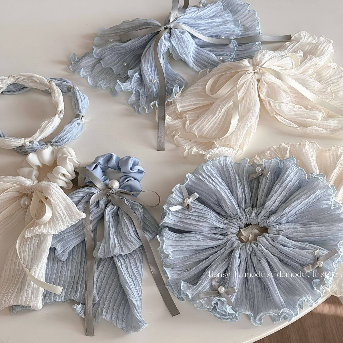 韩系布艺大肠发圈珍珠蝴蝶结双层超大号头绳清新木耳边扎马尾发饰