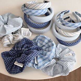 蓝色系清新可爱格纹发箍女高级感头箍海绵高颅顶发卡新款发饰