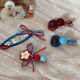 韩系甜美蝴蝶结红蓝撞色发夹女百搭边夹侧边夹碎发bb夹刘海夹发饰