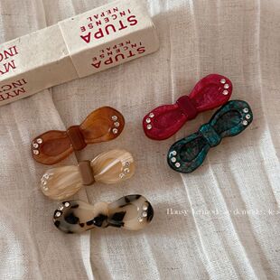 韩版 红色蝴蝶结发夹可爱卡通水钻鸭嘴夹醋酸高级感侧边女头饰 新品