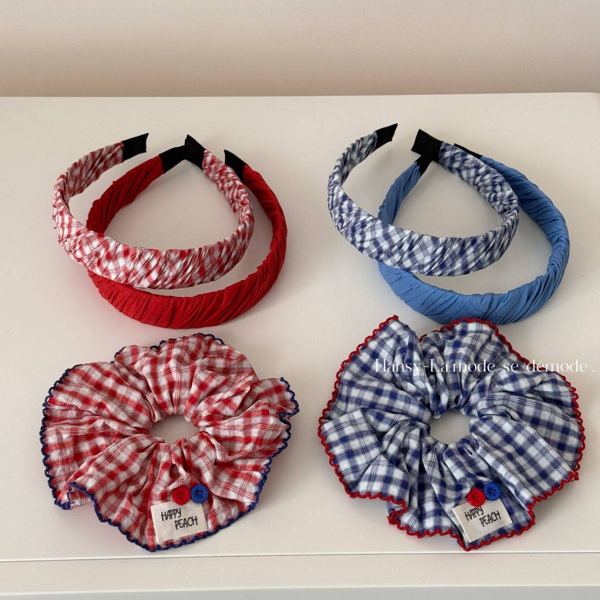 韩系红蓝色格子纽扣大肠圈褶皱发圈甜美百搭发圈发饰头饰新款