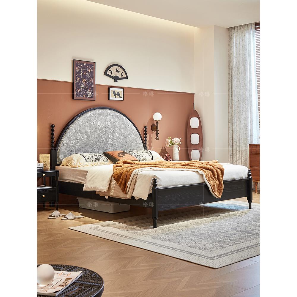 法式全实木床1米8主卧双人软靠床中古风1米5小户型覆古黑色布艺床
